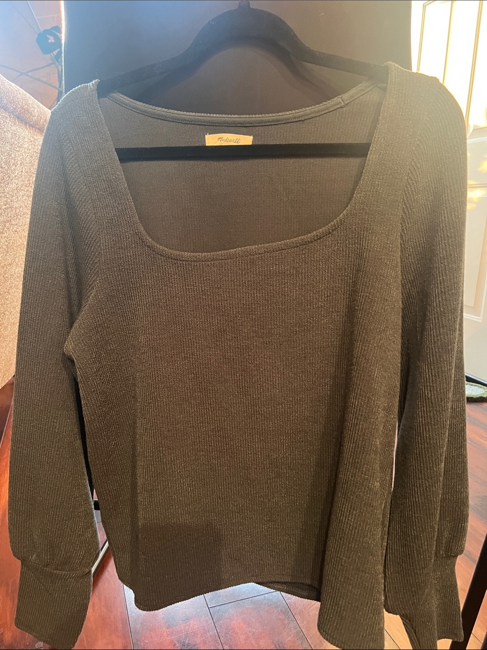 Madewell Dark Olive Square-Neck Long Sleeve Ribbed Top